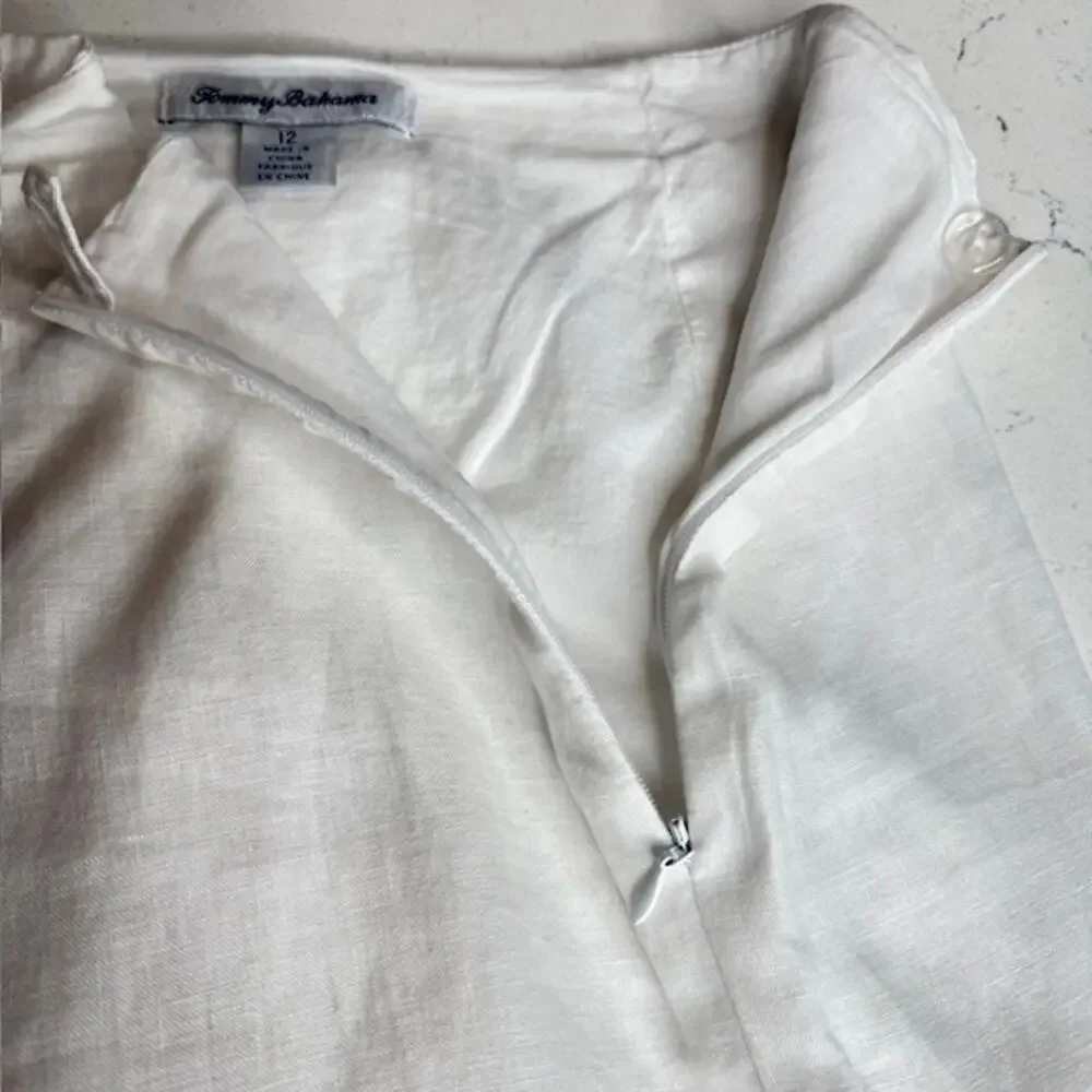 Tommy Bahama White Linen Fringe Hem Skirt Womens Size 12 Lined Knee Length